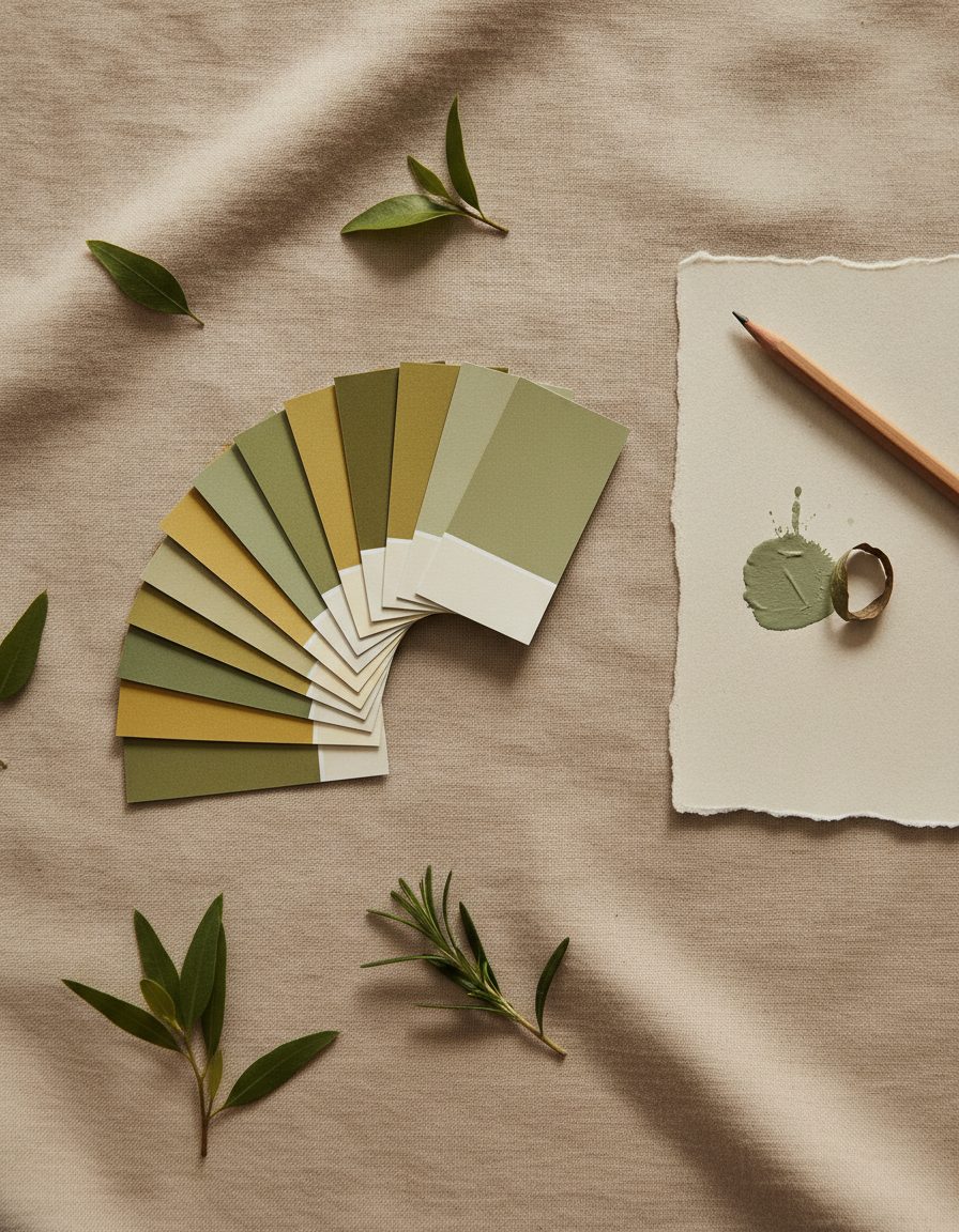 An overhead flat-lay of fanned color swatch cards, leaves and a brand mood board on a warm surface