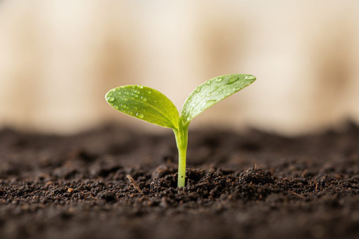 A macro photo of a green seedling with new leaves growing from dark soil