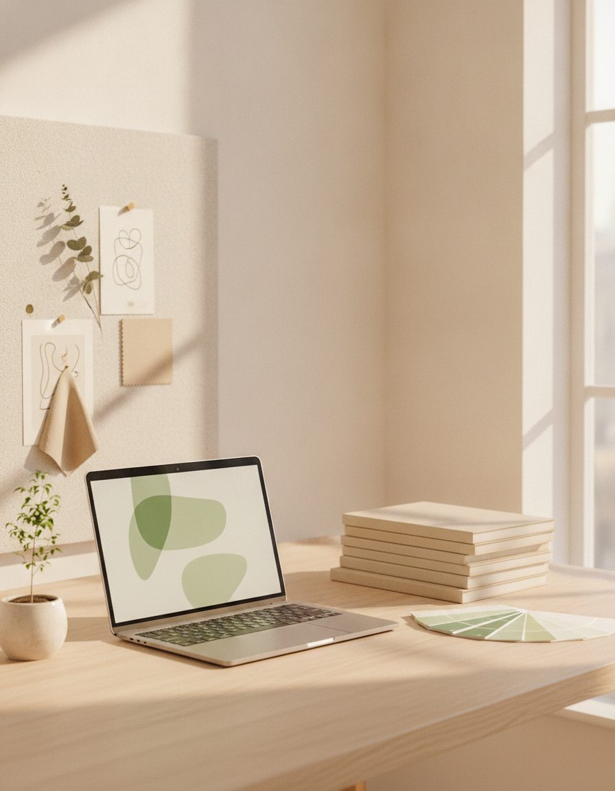 A bright modern creative studio desk with a laptop, mood board, notebooks and a small green seedling in warm morning light