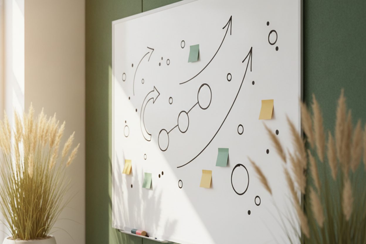 A bright agency workshop wall with a whiteboard of abstract strategy shapes and sticky notes